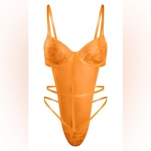 Orange Embroidered Lace Underwired Strap Detail Bodysuit